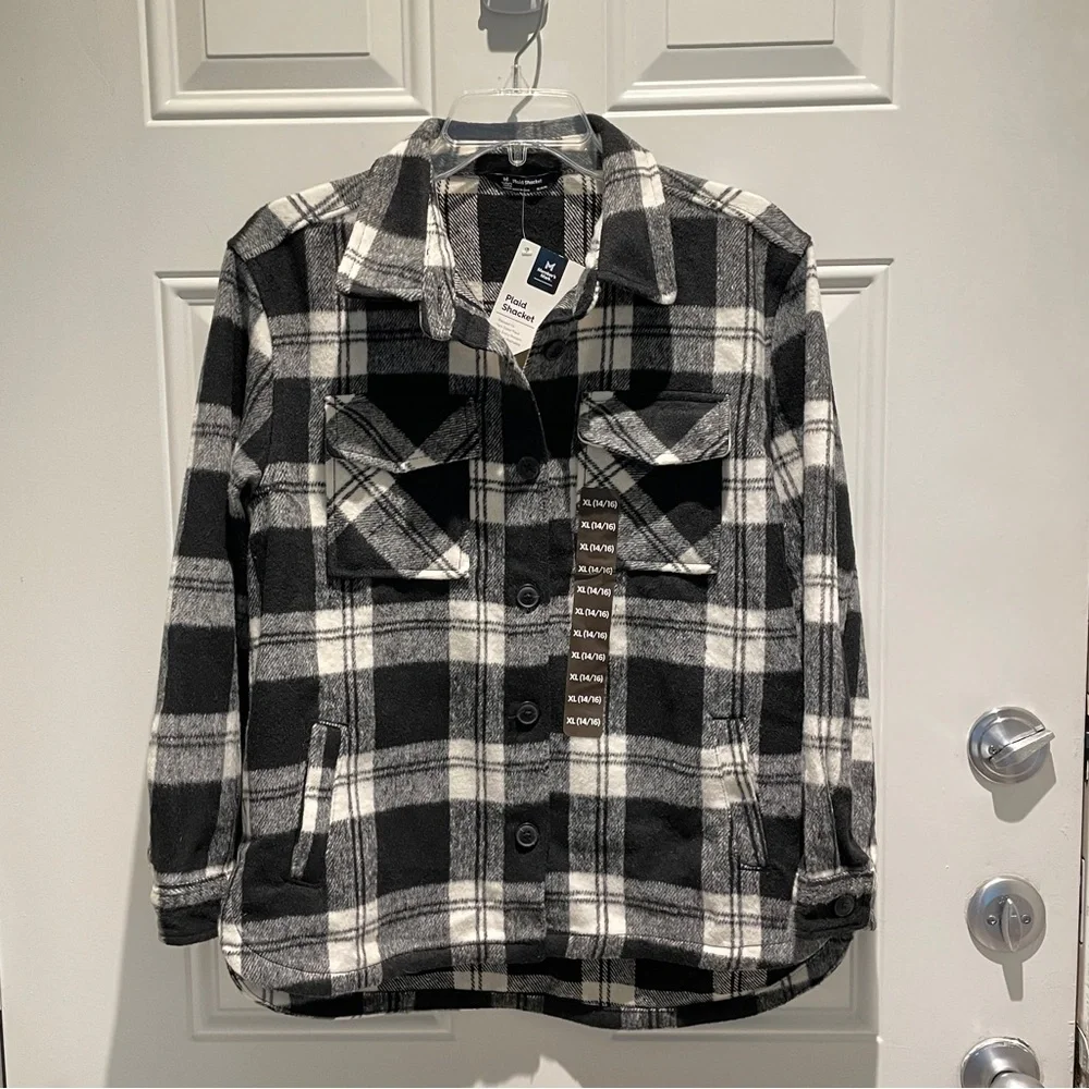 Member's Mark Black White Buffalo Plaid Fleece Shacket Size Youth XL (14/16)